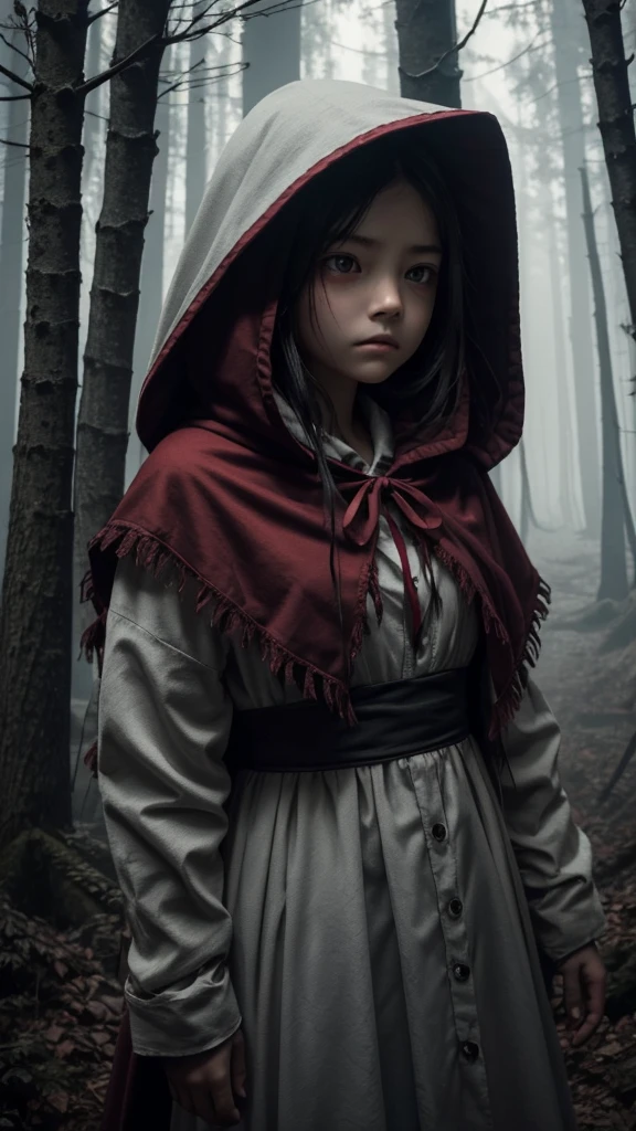 In the heart of a dark, twisted forest, a young girl stands alone, wearing a bright red hood that covers her head and shoulders. Her face is pale and ghostly, eyes wide with a mixture of fear and determination. The red hood contrasts starkly against the shadowy backdrop, making her an eerie beacon in the gloom. Her dress is old and worn, with frayed edges and stains hinting at a long, perilous journey. She clutches a small basket tightly, its contents hidden and mysterious. The trees around her are gnarled and twisted, their branches reaching out like skeletal fingers. Fog drifts through the forest, obscuring the path ahead and adding to the sense of dread. The girl’s breath is visible in the cold air, each exhale a puff of white mist. There is an unsettling silence, broken occasionally by distant, indistinguishable noises. She seems to be searching for something or someone, her expression a mix of hope and dread.
