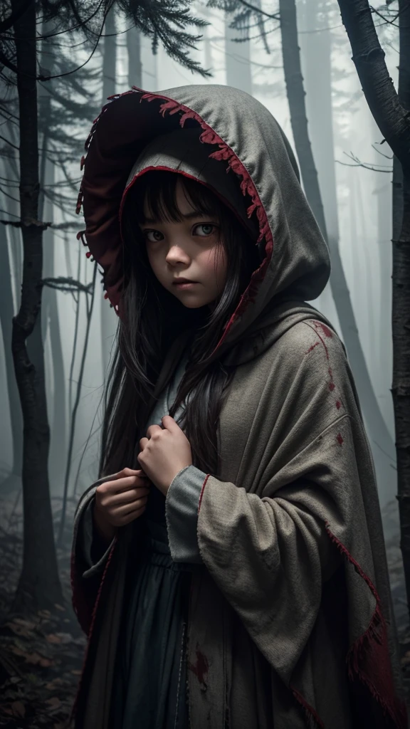 In the heart of a dark, twisted forest, a young girl stands alone, wearing a bright red hood that covers her head and shoulders. Her face is pale and ghostly, eyes wide with a mixture of fear and determination. The red hood contrasts starkly against the shadowy backdrop, making her an eerie beacon in the gloom. Her dress is old and worn, with frayed edges and stains hinting at a long, perilous journey. She clutches a small basket tightly, its contents hidden and mysterious. The trees around her are gnarled and twisted, their branches reaching out like skeletal fingers. Fog drifts through the forest, obscuring the path ahead and adding to the sense of dread. The girl’s breath is visible in the cold air, each exhale a puff of white mist. There is an unsettling silence, broken occasionally by distant, indistinguishable noises. She seems to be searching for something or someone, her expression a mix of hope and dread.
