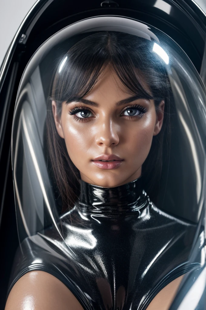 (8K, Ultra-high resolution, Top quality masterpiece, Professional detailed wallpapers, The ultimate attention to detail, Anime Images, Game CG),The perfect human body、Realistic and detailed,Nose and mouth are visible,Eyes are hidden by a mask,(((Dripping Sweat、Oilskin,Glowing Skin、Realistic skin texture、Beautiful skin in every detail、Shiny skin、Shiny skin)))    big , burst, There is cleavage in the chest, Huge breasts , Very perfect anatomy body parts, Very perfect,(Full Shot: 1.8),Beautiful alien woman、　　Black latex oil shiny full bodysuit、　Alien tentacle tail,Inside the spaceship,cockpit,((Beautiful Caucasian alien face close up))Angelina Jolie,