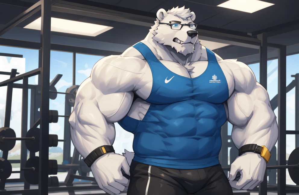 solo, 1boy, Huge Muscular White Polar Bear wearing glasses, huge white fur, pectoral, huge pectoral, wide pectoral, short white hair, blue colored short pants, blue colored wristbands and blue colored tank top, white bearded, white Mustache, white fur, gym background, masterpiece, high detailed, 8k, high resolution, at the gym, bending and stretching out arms, growling