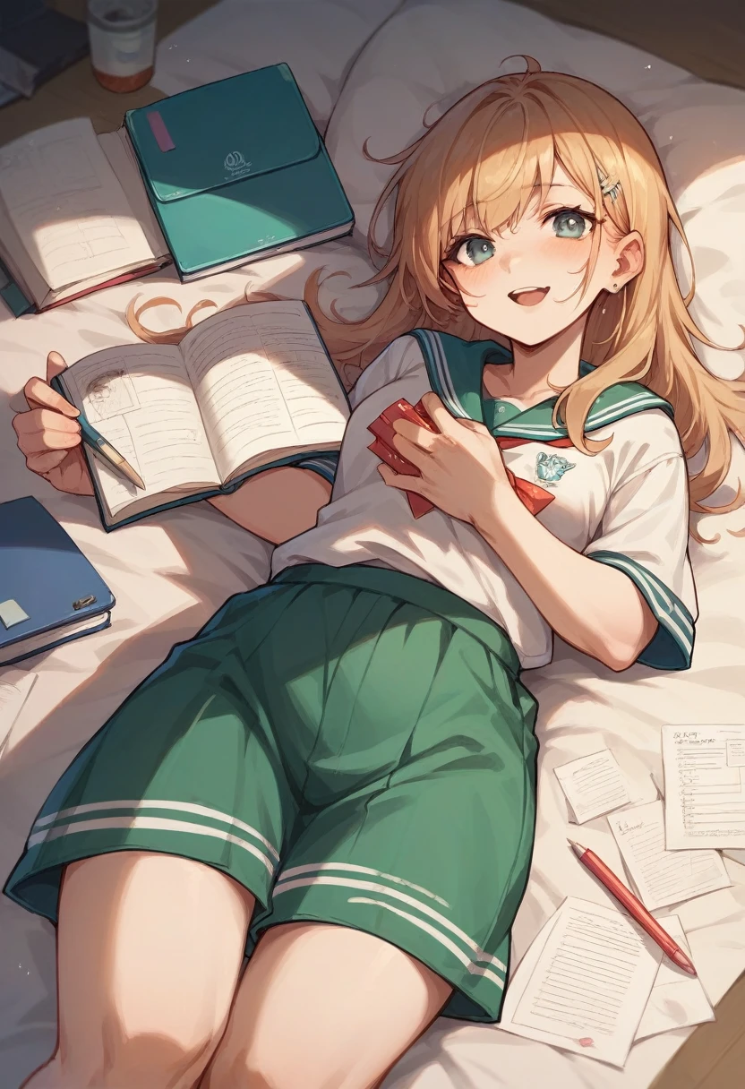 ((((sexy))))メジロマックイーン, 1girl, breasts, skirt,  1boy, school uniform, hetero, censored, serafuku, solo focus, bag, pillow, pov, stuffed toy, stuffed animal, green skirt, school bag, teddy bear, ooarai school uniform, id card, skirt removed