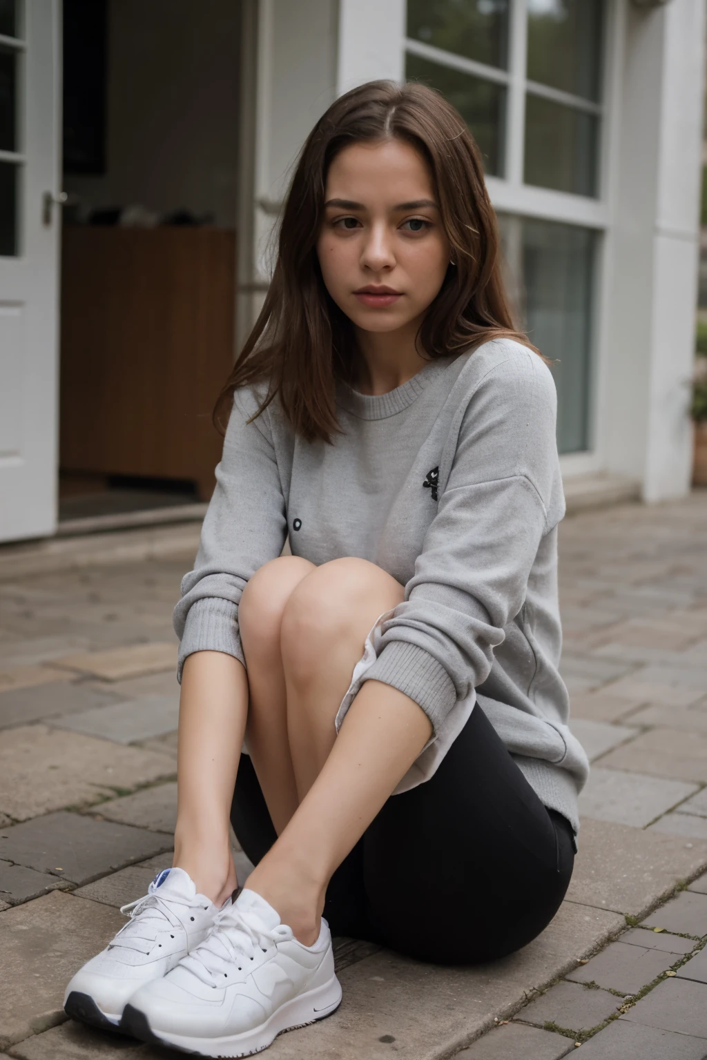 ((Best Quality)), ((Masterpiece)), (detailed), a girl with a gray sweater and black pants, white tennis shoes and a thin body crying because her cat is leaving the house