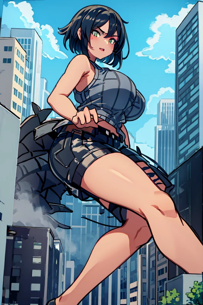 3d, godzilla chan, reptile tail, curvy giantess milf, towering over a city, massive breasts, green short hair, golden eyes, on a street, massive oversized breast, tank top, giantess bumping a building
