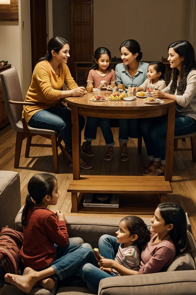 family around a table watching a movie, sitting in an armchair with a table with snacks and watching a movie on TV, A family of 5, two girls, , a mother and a father