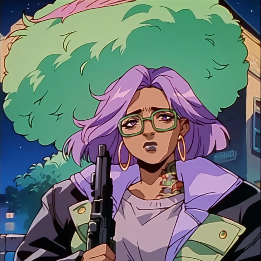 beautyful brown woman, brown skin, black skin, huge full afro purple hair, black lipstick, full lips, purple top, purple eyes, black motorcyclist jacket, hoop earring, green glasses, dragon tattoo, night, sad, holding a green gun
