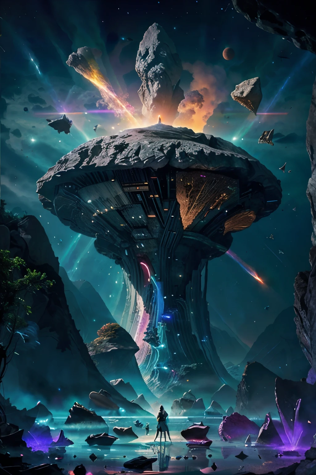 An interstellar festival celebrated on a giant asteroid, with vibrant light shows, floating platforms, alien musicians playing unusual instruments, and beings from all corners of the universe joining in the festivities