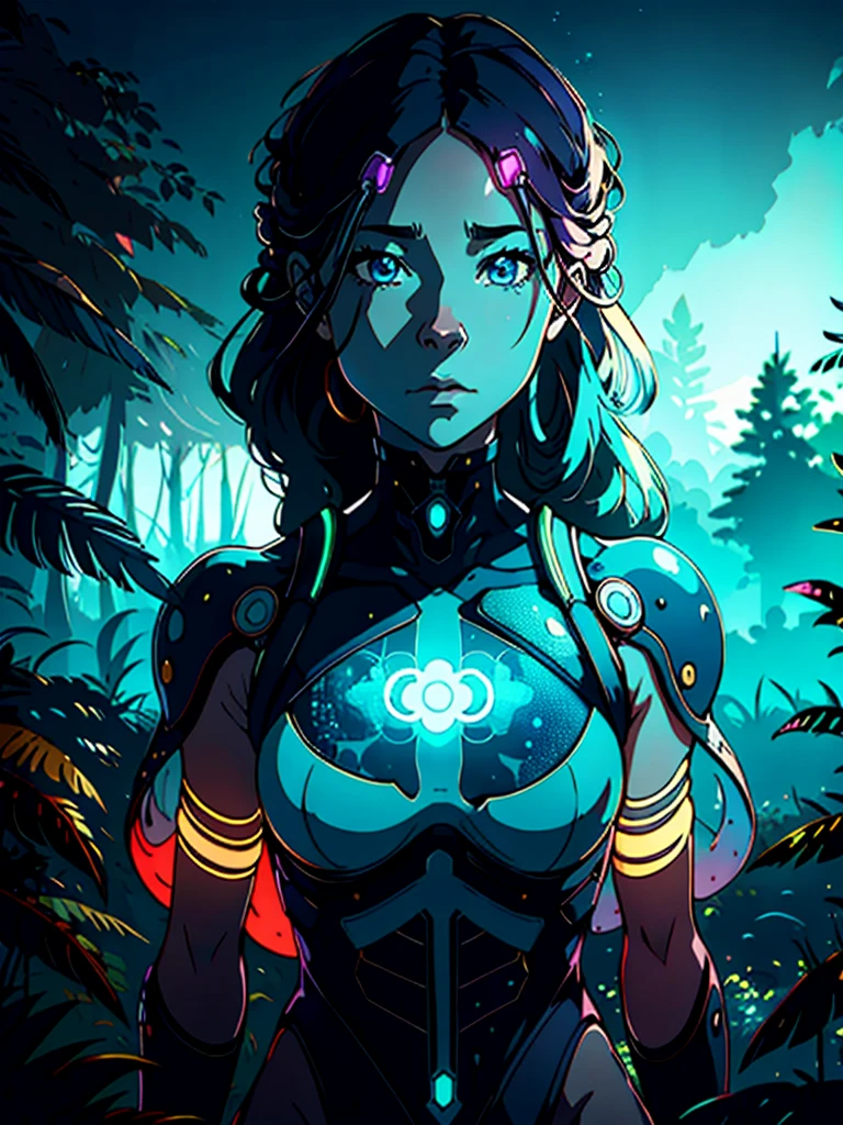 portrait | Wide angle shot of eyes on one side of the frame., lucid dreaming woman, looking into the distance ::8 style | daydreampunk with bright skin and eyes, style in headdress, beautiful, she is full of neon lights, very colorful blue, green, purple, bioluminiscente, bright ::8 bottom | forest, vivid neon wonderland, particles, Blue, green, purple ::7 parameters | rule of thirds, golden ratio, asymmetrical composition, hypermaxalist, octane rendering, photorealism, cinematic realism, unreal engine, 8k