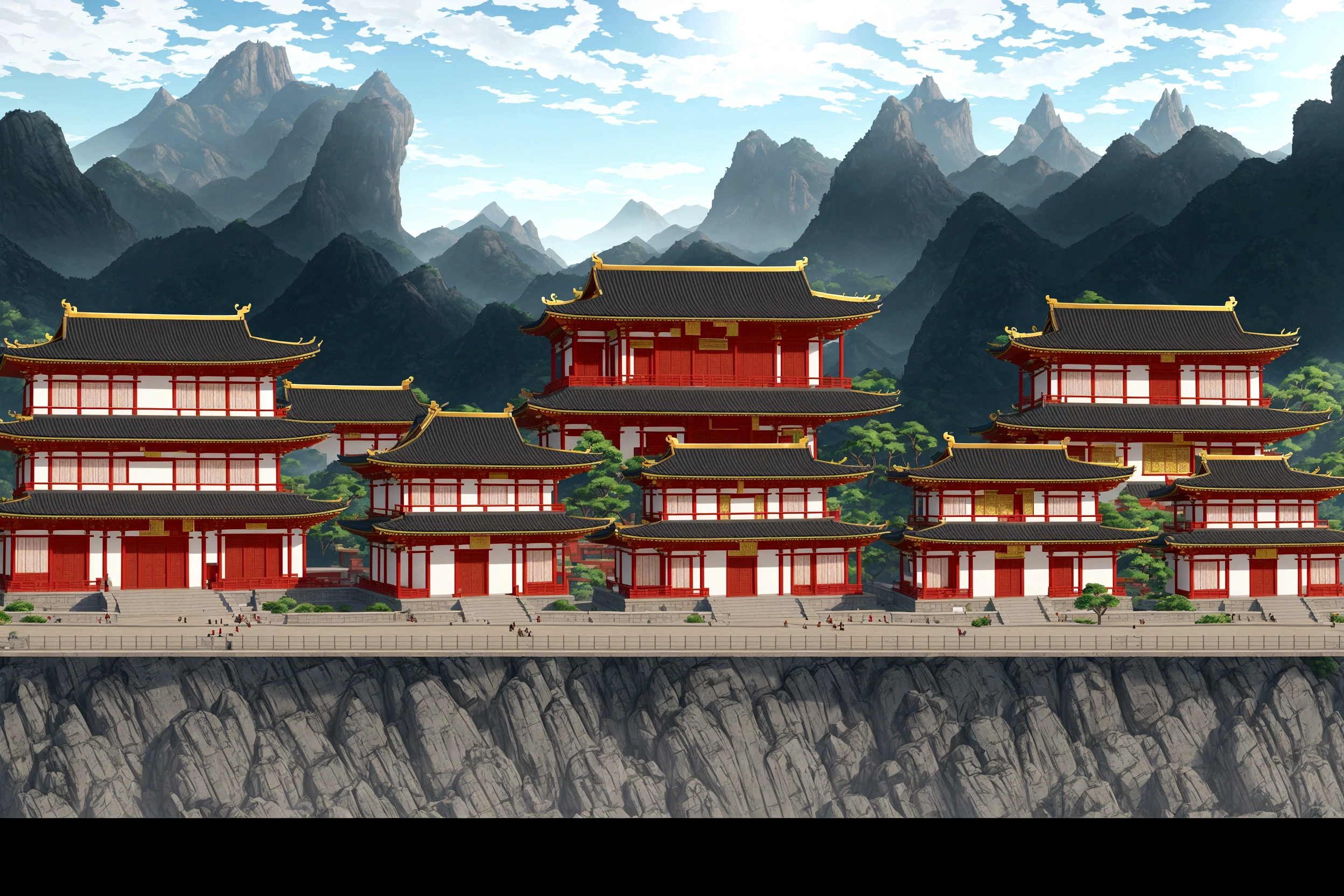 there is a picture of a building with a mountain in the background, temple background, zen temple background, dojo on a mountain, town background, palace background, background art, ancient city landscape, mobile game background, background depicting a temple, mountain fortress city, mysterious temple setting, town center background, 2 d game environment design, large temples