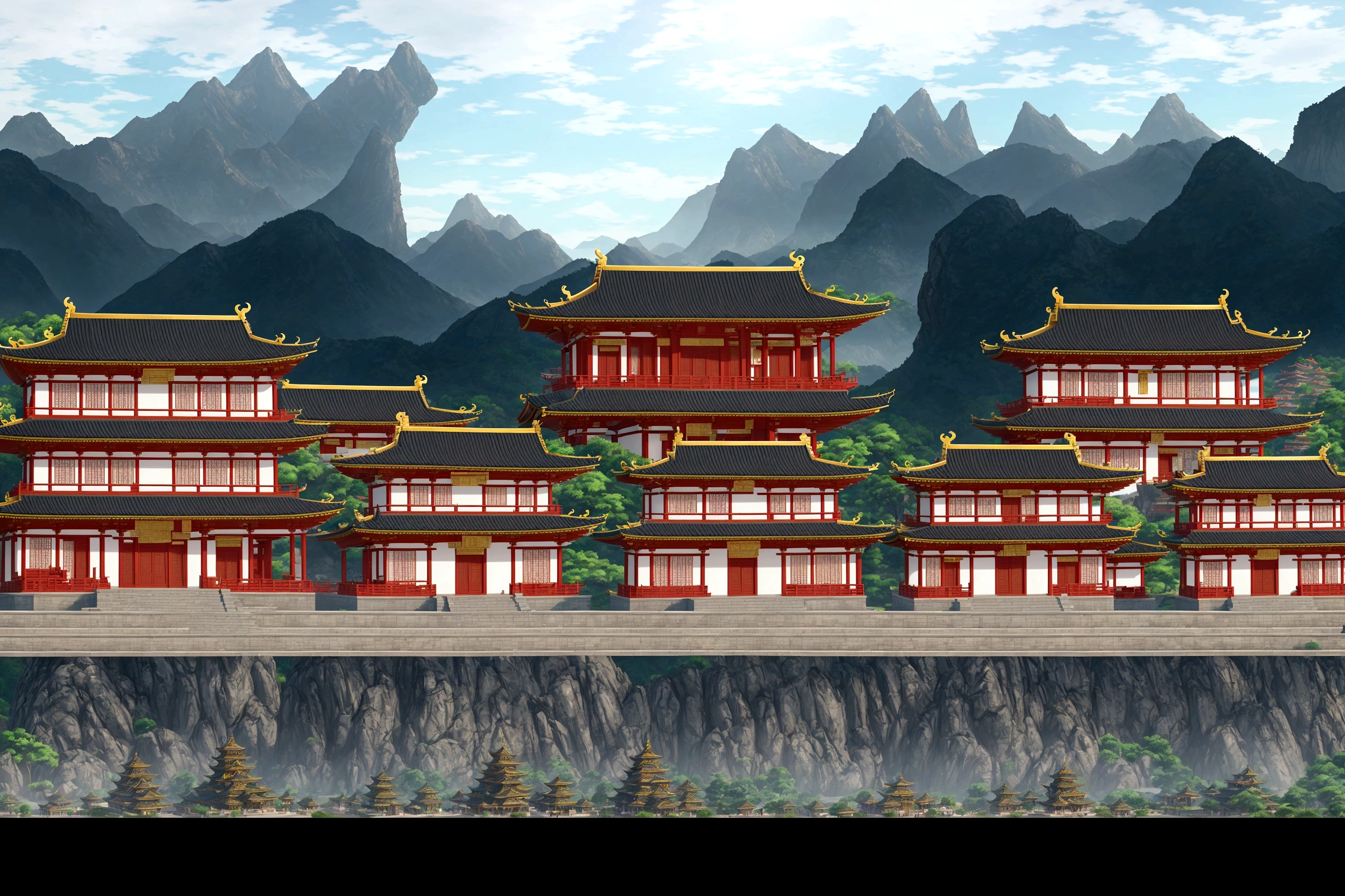 there is a picture of a building with a mountain in the background, temple background, zen temple background, dojo on a mountain, town background, palace background, background art, ancient city landscape, mobile game background, background depicting a temple, mountain fortress city, mysterious temple setting, town center background, 2 d game environment design, large temples