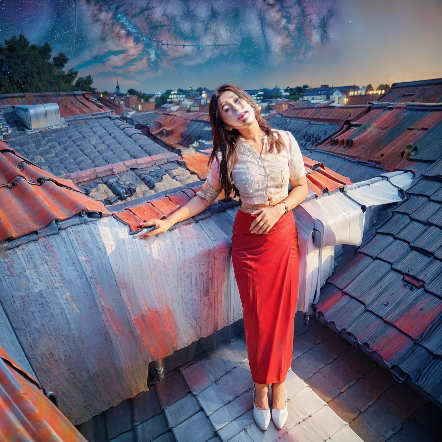Burmese beautiful woman, 1 girl, solo, pretty lady MoonLay, innocent look, cute smile, red lips, (sitting seductively on a stool pose:1.5), (looking to the sky:1.8), (night with starry sky:1.5), smooth face skin, traditional beauty, cinematic portrait glow lighting, traditional dress, ((in a white shirt and red skirt:1.5), high heel, (full body view:2), (two story building rooftop balcony with vibrant colorful small townscape background:1.5), (cinematic bokeh deep blur background:1.5), cinematic lighting, perfect anatomy, perfect dress, perfect shin and calf, perfect hands, perfect toes