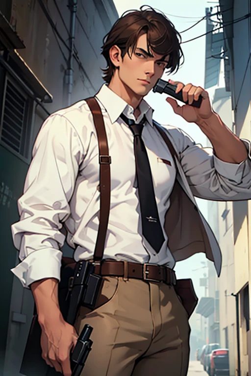 A man wearing a white dress shirt, brown dress pants with belt, dark hair with bangs, Scrawny, less than 30 years old, with a gun on his belt and a magnifying glass in his hand, He has the power to travel through time.