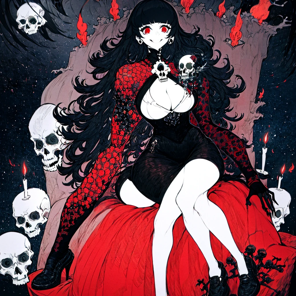 masterpiece, best quality, intricately detailed, a woman, beautiful, elegant, smile, large triple D cup breasts, wide hips, round buttocks, iridescent long hair, bangs, skirt, shirt, long sleeves, frills, shoes, (red and black:1.4), flower, creepy, horror, skulls, long hair, black hair, candle, hair flower, solo, hair ornament, bone, sitting, doll, skull, skeleton,  horror (theme)