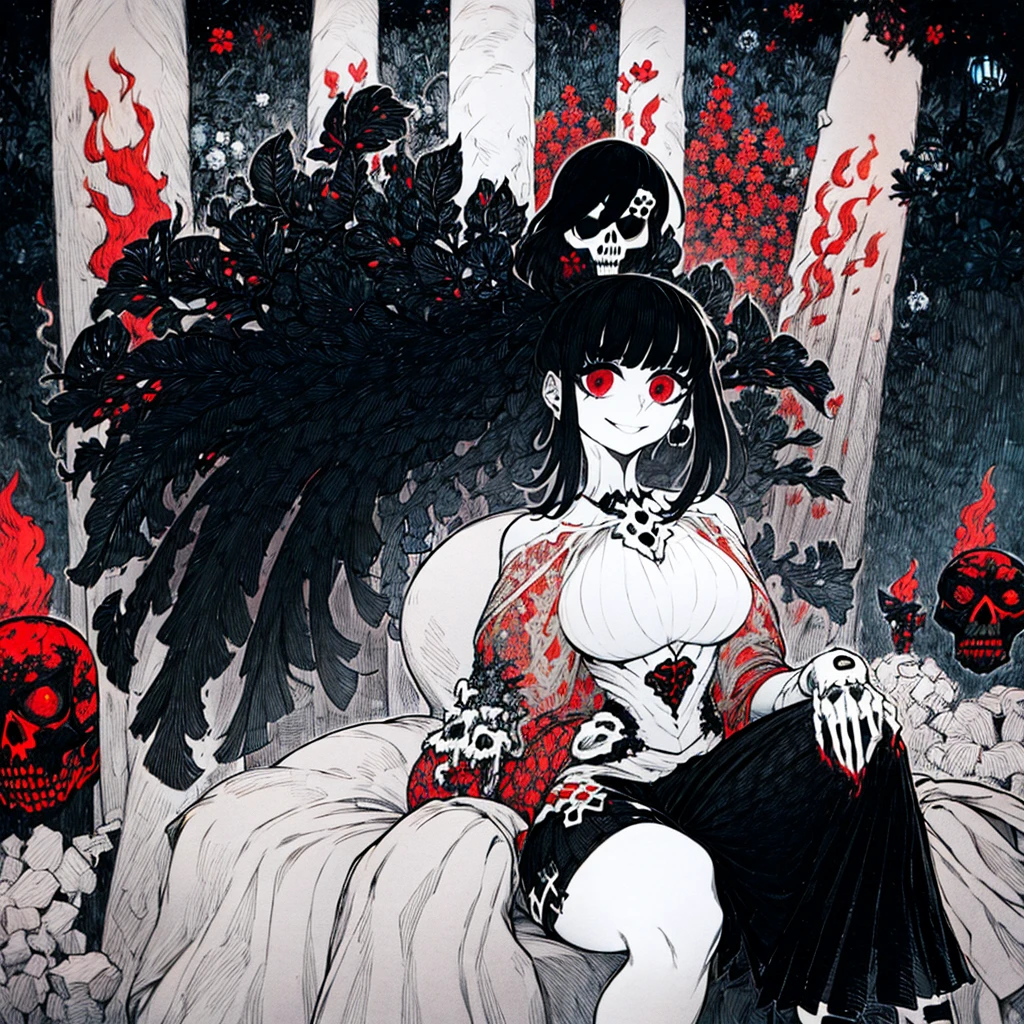 masterpiece, best quality, intricately detailed, a woman, beautiful, elegant, smile, large triple D cup breasts, wide hips, round buttocks, iridescent long hair, bangs, skirt, shirt, long sleeves, frills, shoes, (red and black:1.4), flower, creepy, horror, skulls, long hair, black hair, candle, hair flower, solo, hair ornament, bone, sitting, doll, skull, skeleton, horror (theme)