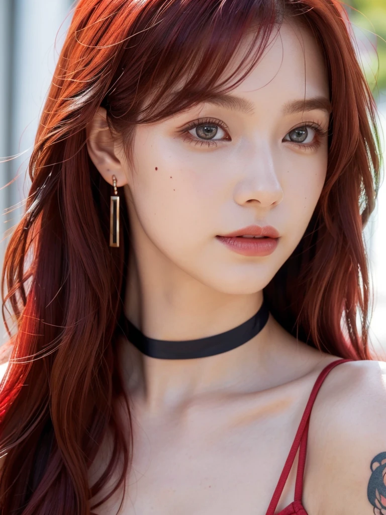 (Top Quality, 4k, Masterpiece: 1.3), realistic korean Woman, 1 realistic Girl, Sexy: 1.1,  multicolored hair (red and black streaked hair), Two-Tier Inverted medium short hair, (Wavy hair:1.3), Long sideburns,low twintails, Glossy, flashy gyaru-inspired front-tie Shirt, off shoulder college jacket, Ultra Detailed Face, Detailed Lips, Detailed Eyes, strawberry lips, rosy checks, smoky eyeshadow, winged eyeliner, joyful smile with showing teeth, fashionable numerous piercings, chocker, nailpolish, fingerless gloves