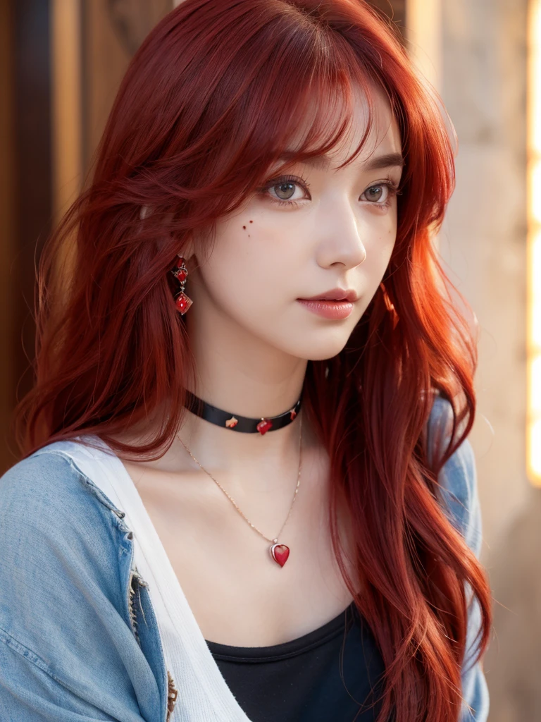 1girl, alone, solitary, high quality, (best quality,4k,8k,highres,masterpiece:1.2),ultra-detailed,(realistic,photorealistic,photo-realistic:1.37),gorgeous hair,red hair,red long curly hair with bangs,sharp eyes,mole under the eye,plump lips,jewelry,(high detailed skin:1.4),(rim lighting:1.3),(lit:1.3),(sunny day:1.3),portrait,beautiful lips,waist-length hair,seductive gaze,moles,casual clothes,colorful clothing,close up,super long hair,choker necklace,tattoos,tattooed,light eyes,bangs,fringe,20 year old,dimples on the cheeks,dimples,bright red hair,sharp eyebrows,redhead,ruby red,cherry red hair,wine red hair