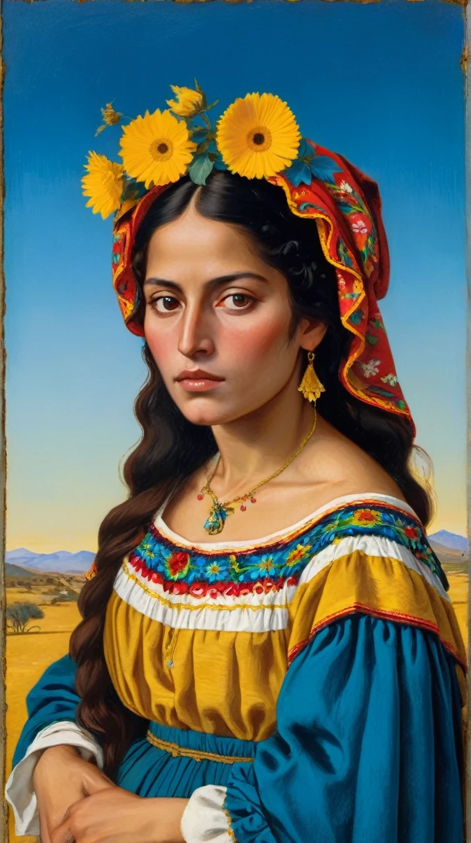 The portrait of a beautiful poorly dressed woman, as a 19th century Mexican peasant, with a blue background and golden earth and flying flowers, all in the style of Giovanni Bellini's painting and an oil painting on panel.