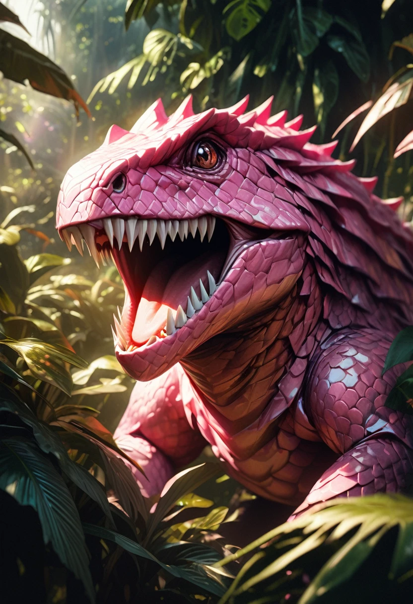 A pink dinosaur, hyperrealistic, highly detailed, intricate scales, sharp teeth, intense gaze, surrounded by lush jungle foliage, warm lighting, vibrant colors, photorealistic, 8k, best quality, masterpiece