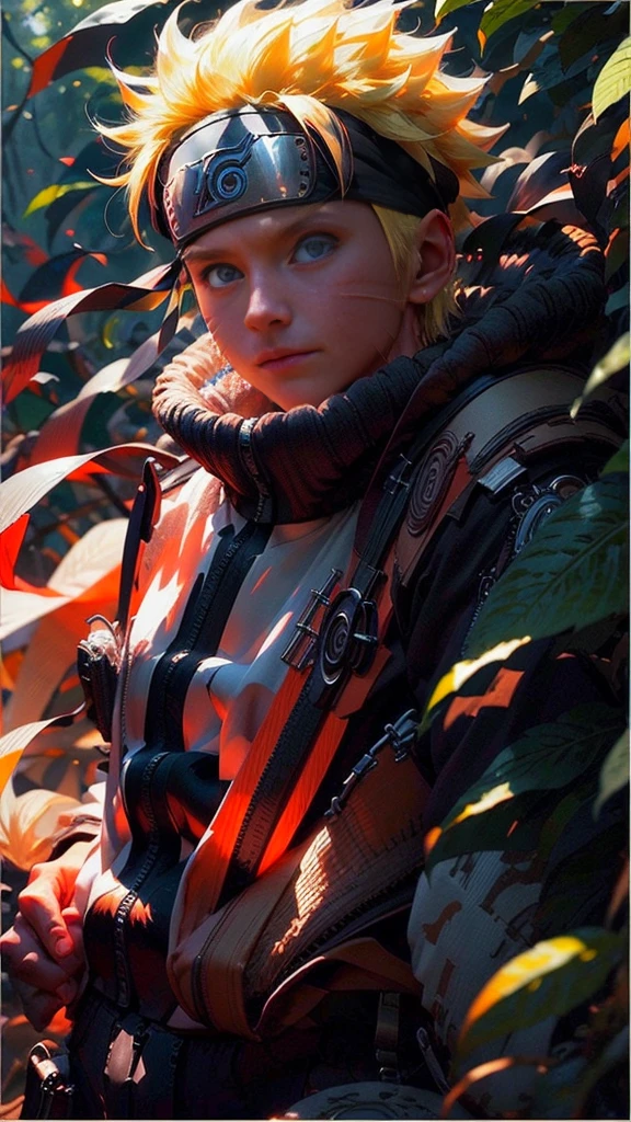 (best quality), (masterpiece), ultra-detailed, 1boy, uzumaki naruto, epic pose, action, particle effects, long sleeve, emphasis lines, movement lines, full body of naruto uzumaki, masterpiece, best quality, full detailed, 1boy, handsome, male, looking at viewer, naruto, Detailed blue eye,yellow hair, konoha realistic detail leaf headband, eye realistic, realistic eye brow, nose realistic, mouth realistic,skin realistic, face realistic, head realistic, body realistic, background art cinematic, backpack, big eye sharp, photorealistic, photoshoot, only three line in face, naruto uzumaki dress code. electricity , aura, conbat in the forest vs samurai 1.4 , combat in the forest bamboo