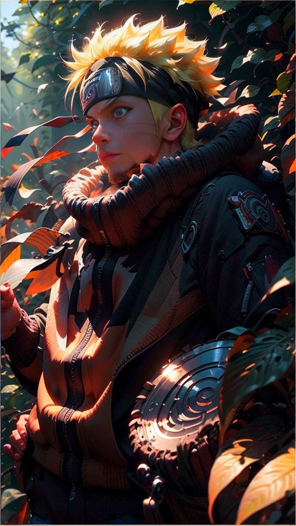 (best quality), (masterpiece), ultra-detailed, 1boy, uzumaki naruto, epic pose, action, particle effects, long sleeve, emphasis lines, movement lines, full body of naruto uzumaki, masterpiece, best quality, full detailed, 1boy, handsome, male, looking at viewer, naruto, Detailed blue eye,yellow hair, konoha realistic detail leaf headband, eye realistic, realistic eye brow, nose realistic, mouth realistic,skin realistic, face realistic, head realistic, body realistic, background art cinematic, backpack, big eye sharp, photorealistic, photoshoot, only three line in face, naruto uzumaki dress code. electricity , aura, conbat in the forest vs samurai 1.4 , combat in the forest bamboo