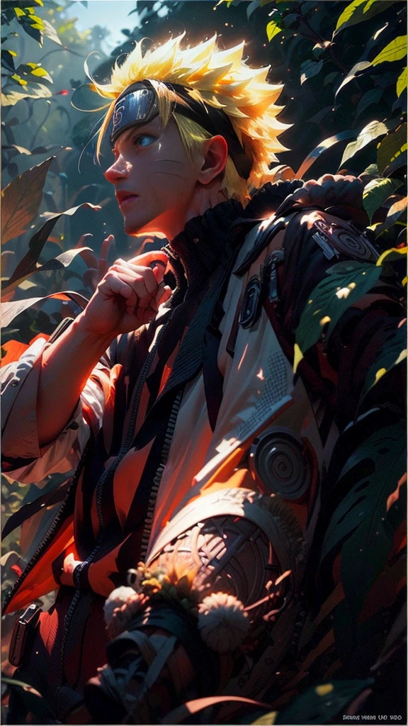 (best quality), (masterpiece), ultra-detailed, 1boy, uzumaki naruto, epic pose, action, particle effects, long sleeve, emphasis lines, movement lines, full body of naruto uzumaki, masterpiece, best quality, full detailed, 1boy, handsome, male, looking at viewer, naruto, Detailed blue eye,yellow hair, konoha realistic detail leaf headband, eye realistic, realistic eye brow, nose realistic, mouth realistic,skin realistic, face realistic, head realistic, body realistic, background art cinematic, backpack, big eye sharp, photorealistic, photoshoot, only three line in face, naruto uzumaki dress code. electricity , aura, conbat in the forest vs samurai 1.4 , combat in the forest bamboo