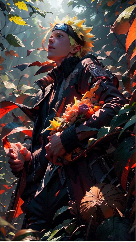 (best quality), (masterpiece), ultra-detailed, 1boy, uzumaki naruto, epic pose, action, particle effects, long sleeve, emphasis lines, movement lines, full body of naruto uzumaki, masterpiece, best quality, full detailed, 1boy, handsome, male, looking at viewer, naruto, Detailed blue eye,yellow hair, konoha realistic detail leaf headband, eye realistic, realistic eye brow, nose realistic, mouth realistic,skin realistic, face realistic, head realistic, body realistic, background art cinematic, backpack, big eye sharp, photorealistic, photoshoot, only three line in face, naruto uzumaki dress code. electricity , aura, conbat in the forest vs samurai 1.4 , combat in the forest bamboo