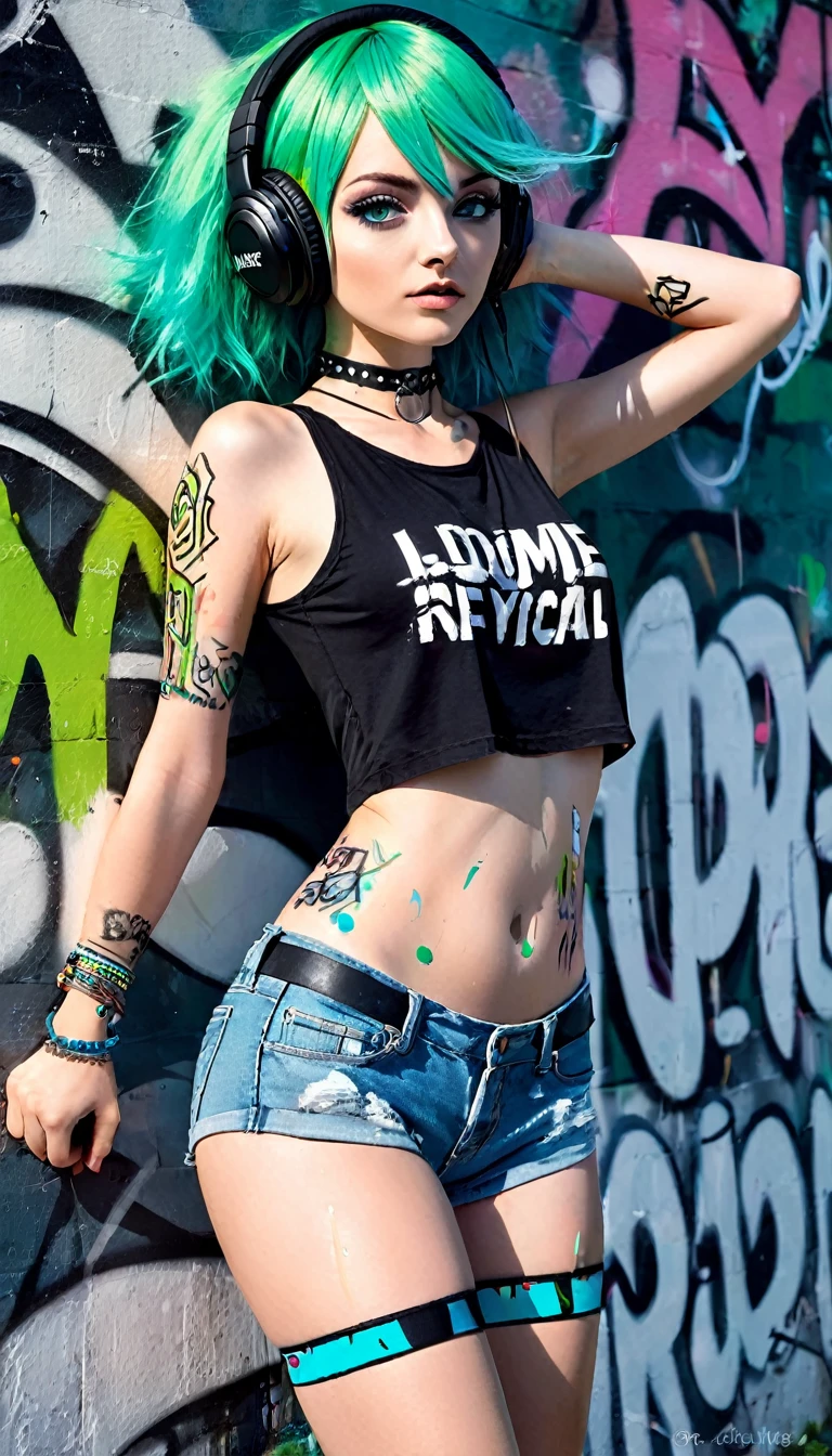 Masterpiece, best quality, 1 girl, alone, crop top, denim shorts, choker, (painted:1.5), graffiti on wall, punk look, arms behind the back, marked nipples, plain top, against the wall, looking to viewer, bracelet, thigh strap, body paint, head tilt, bored, green hair, aquamarine eyes, headphones,