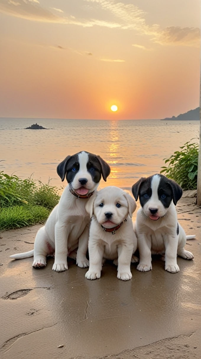 With the sunset in the background,(masterpiece:1.2, high quality), A few puppies、