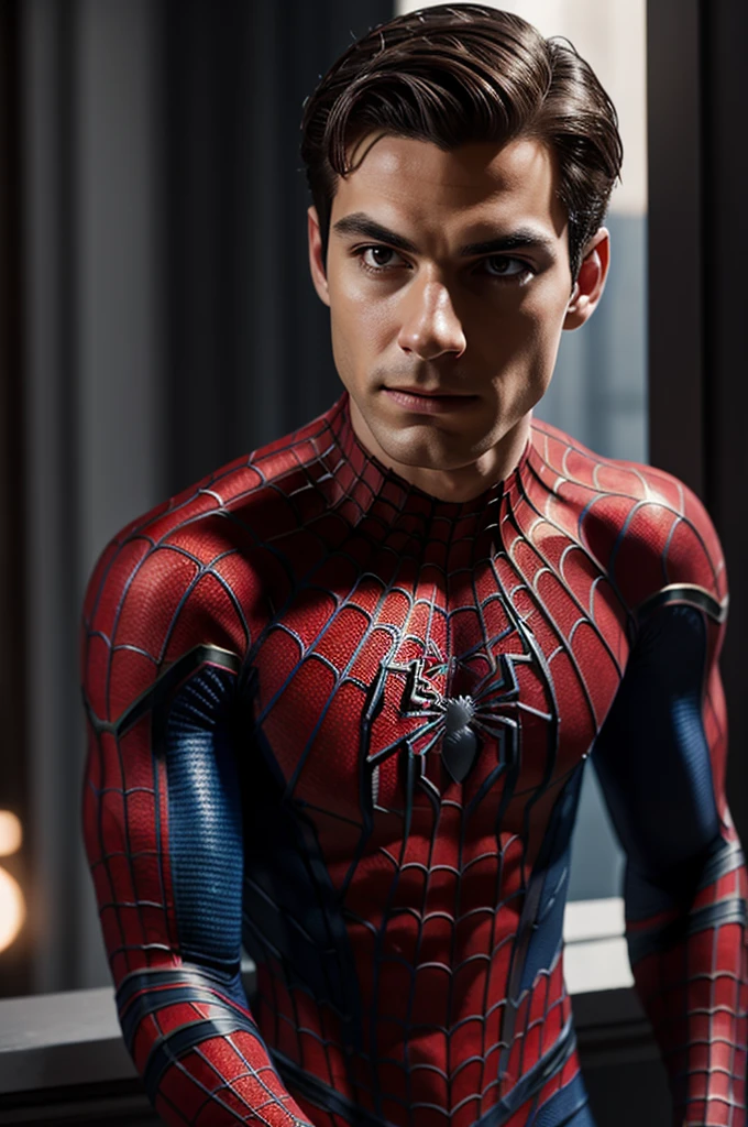 A photograph of Spider-Man., sin mascara, the 20s, elegant, detailed face, looking to the camera, portrait, 8k hd, high quality