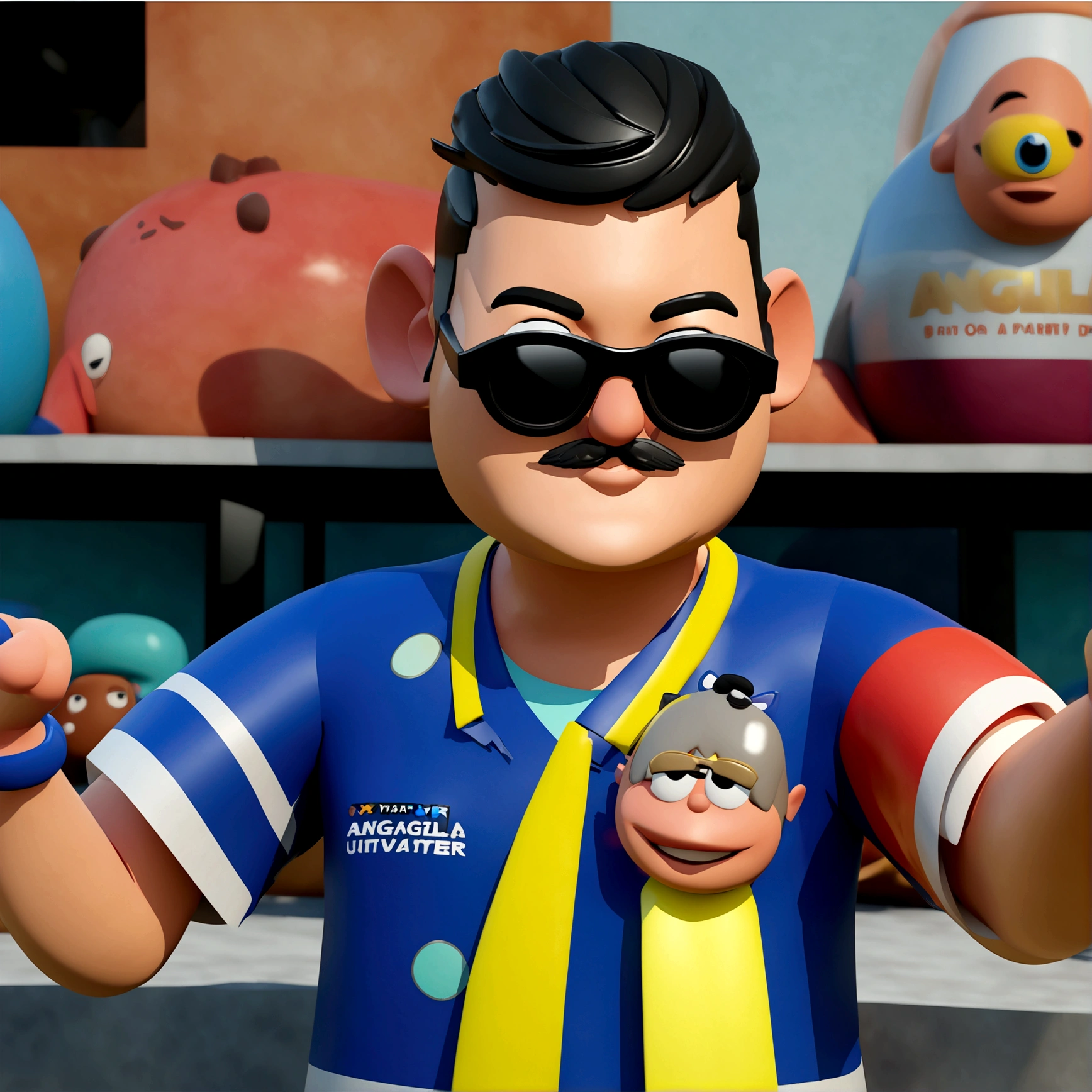 Cartoon character of a man in sunglasses and blue shirt, animation character, stylized character, animation style rendering, 3d stylized, Arnold Maya rendering, Stylized 3D rendering, toon render screenshot, 3d character, 3d character, Stylized 3D rendering, 3D character rendering, cartoon character, Personagem de close up, character posing, (Pixar-style) (master part:1.2) (bokeh) (best qualityer) (skin detailed) (detailed texture) (8K) (Argilla) (sharp focus
