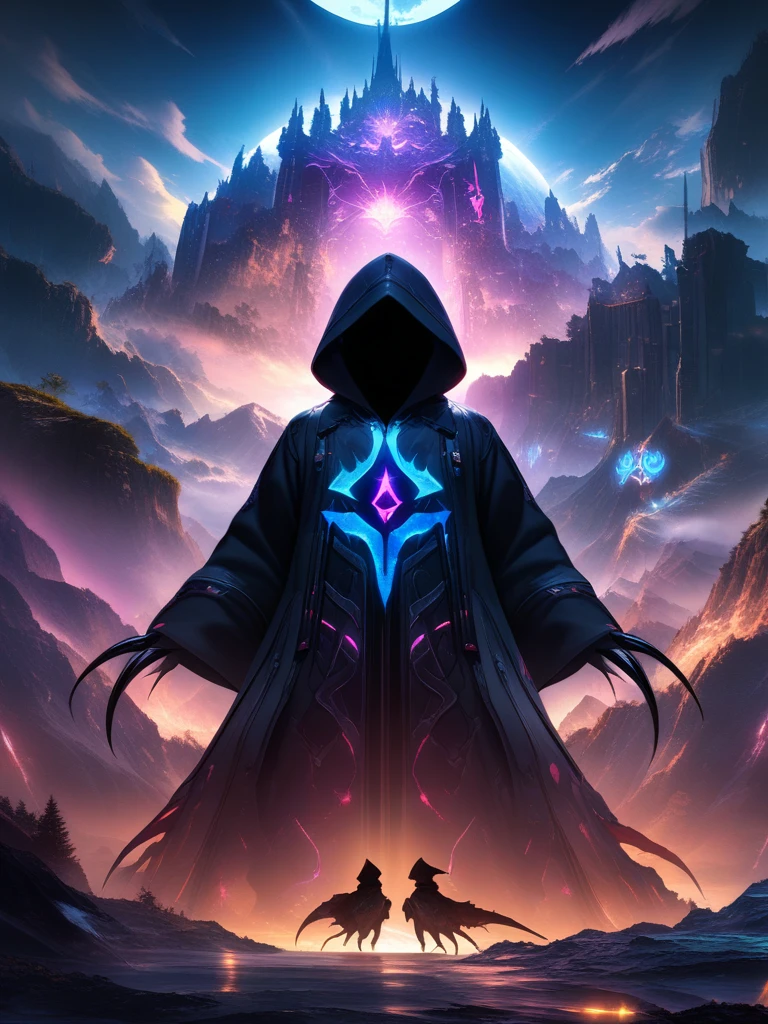32k, best quality, ultra high res, HDR, UHD, extremely detailed CG, unity 32k wallpaper, Surreal landscape with moon glow, Features a hooded silhouette with faceless function. The silhouette is、Highlighted with glowing glyphs and symbols, It is accentuated by the character's large hood and long claws,