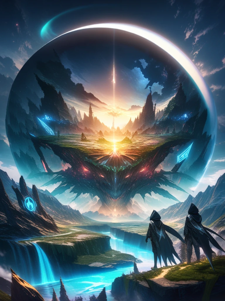 32k, best quality, ultra high res, HDR, UHD, extremely detailed CG, unity 32k wallpaper, Surreal landscape with moon glow, Features a hooded silhouette with faceless function. The silhouette is、Highlighted with glowing glyphs and symbols, It is accentuated by the character's large hood and long claws,
