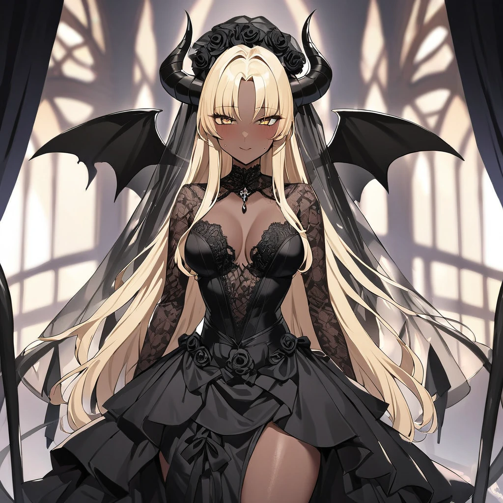 ((Highest quality)), ((masterpiece)), (detailed), (Perfect Face)、The woman is a sexy, dark-skinned demon.、The woman is a jet-black female demon with magnificent devil horns, jet-black devil wings, and a jet-black tail. Her skin is jet-black, she is wearing a gorgeous black Gothic Victorian wedding dress and a black wedding veil, and she is looking at the camera with a happy expression on her face as she holds a wedding ceremony. She is a jet-black demon, Sailor Moon, and has blonde hair.2A devil in body and soul, with long hair tied up in a knot. A devil in love with a maiden's expression.