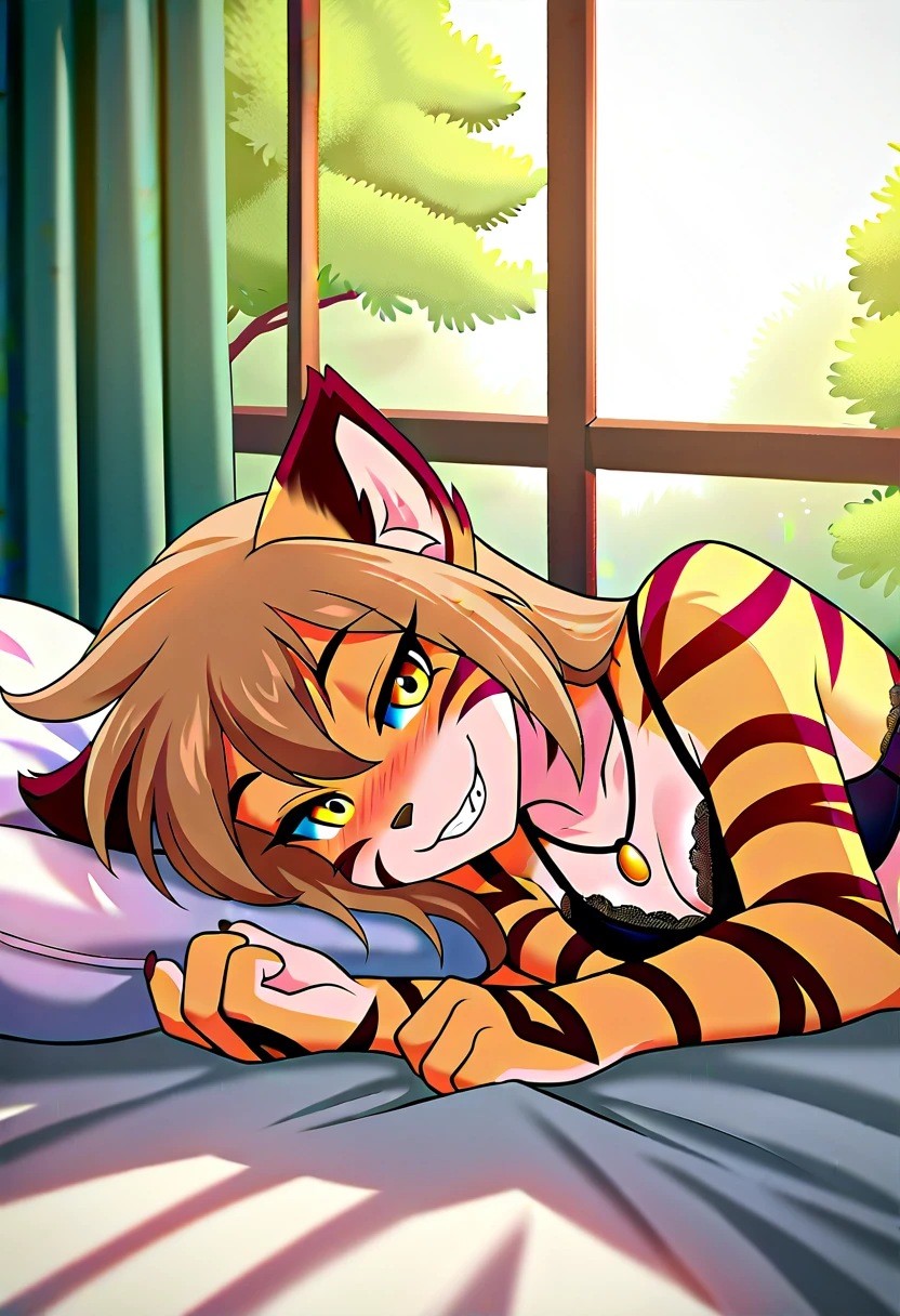 check_9, check_8_up, check_7_up, check_6_up, check_5_up, check_4_up, rating_safe, source_fluffy, a Female antro fluffy, 1 girl, One, Female, fluffy, antro, fluffy tail, Medium breasts, teeth, tkflora, Tiger, striped fur, yellow eyes, antro, looking back at the viewer, necklace, blush, paws, blush, smile, (in the house, lying on bed, detailed background, lighting, sun shafts, shadows:1.2), lace black underwear, lace black bra, white stockings