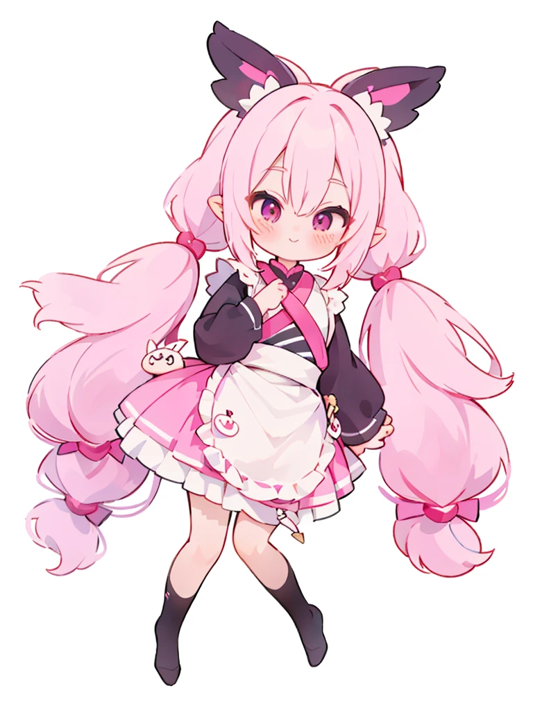 1girl pink hair pink eyes (long hair) (twin tails) wavy hair maid outfit puff sleeves long sleeves ribbon smile plush feet,pixel, pixel art, pixelart, xiangsu, xiang su,niji styleniji・journey style pastel girl,jirai fashion