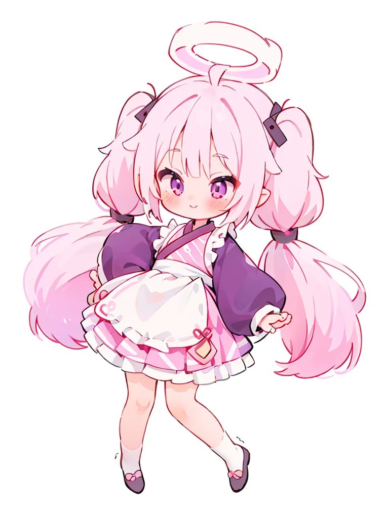 1girl pink hair pink eyes (long hair) (twin tails) wavy hair maid outfit puff sleeves long sleeves ribbon smile plush feet,pixel, pixel art, pixelart, xiangsu, xiang su,niji styleniji・journey style pastel girl,jirai fashion