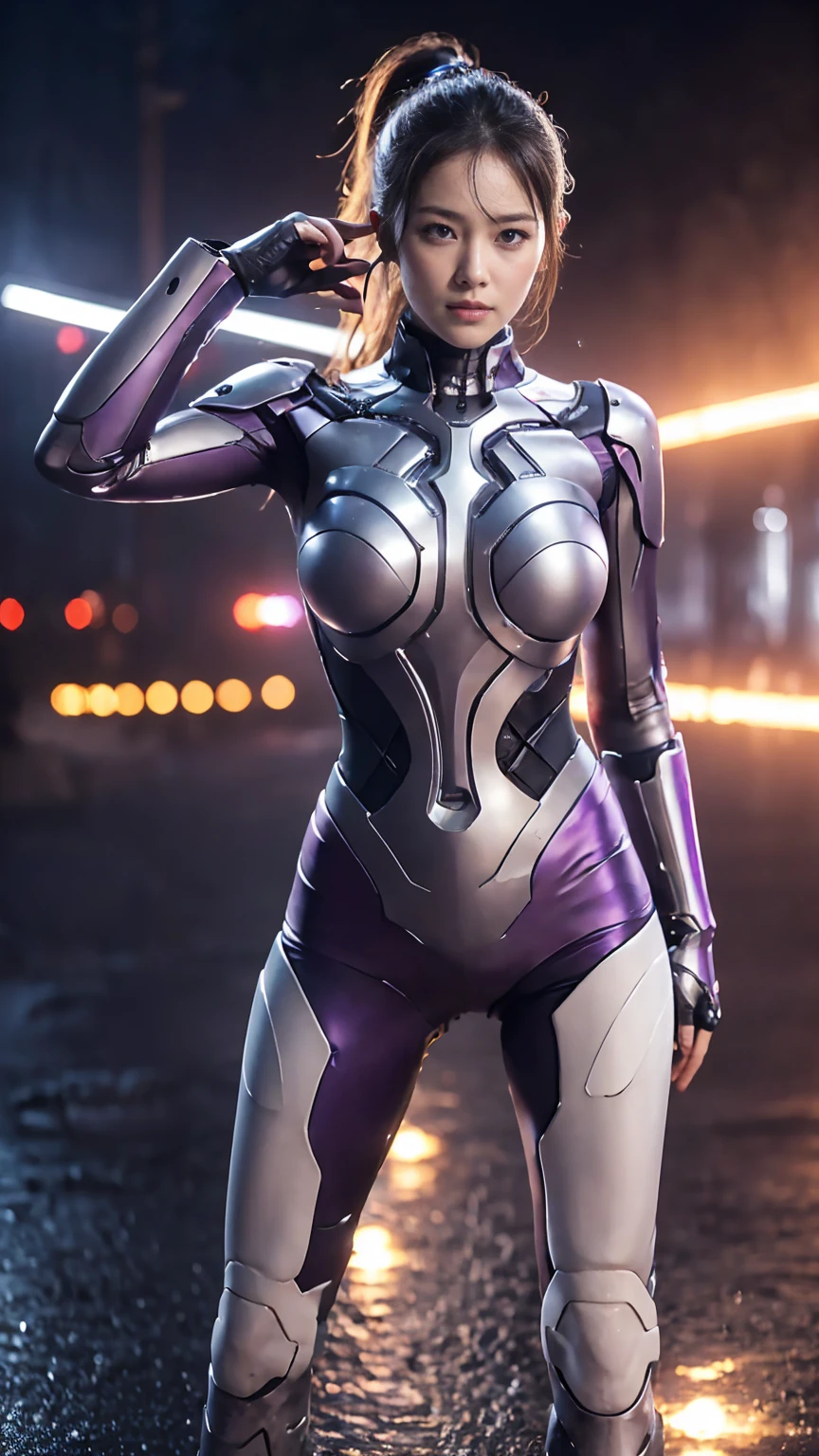 (highest quality、8K、32k、masterpiece、UHD:1.2、perfect body beauty:1.2、Wearing a futuristic hero suit with a pale purple and white shine:1.5、rain、street、Cute 25 year old Japan woman、big and full breasts:1.5、ponytail、Upper body、front、simple background、looking at the viewer、dynamic pose:1.5, full body