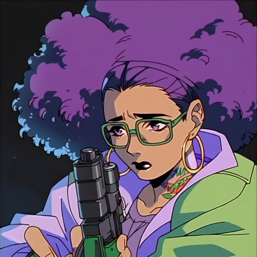 beautyful brown woman, brown skin, black skin, huge full afro purple hair, black lipstick, full lips, purple top, purple eyes, black motorcyclist jacket, hoop earring, green glasses, dragon tattoo, night, sad, holding a green gun, shooting, black background
