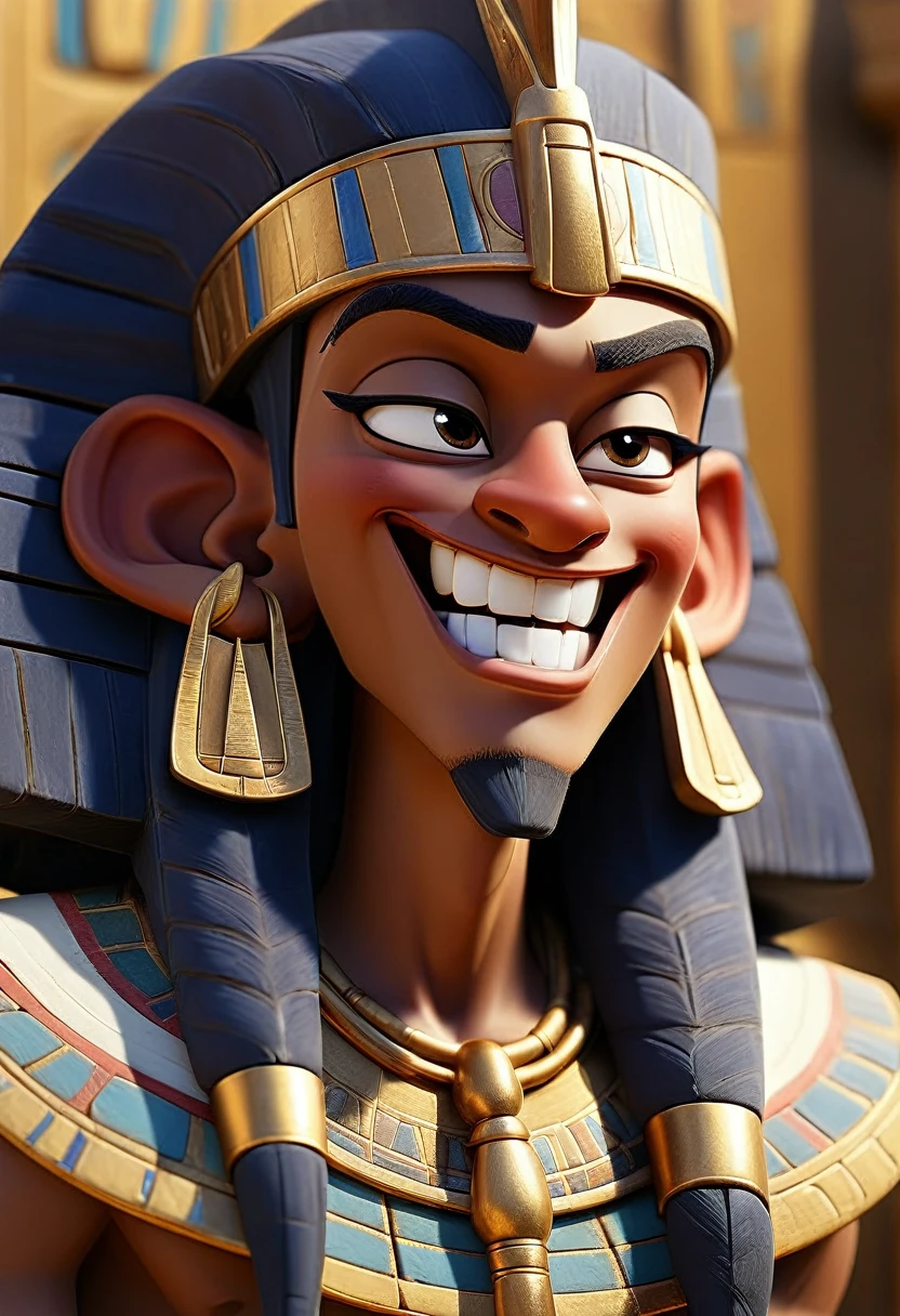 A man represented as a pharaoh, mocking smile, white teeth, detailed face, highly detailed, 8k, photorealistic, cinematic lighting, dramatic shadows, vibrant colors, intricate patterns, ornate headdress, opulent robes, golden accents, ancient Egyptian aesthetic, chiaroscuro, masterpiece