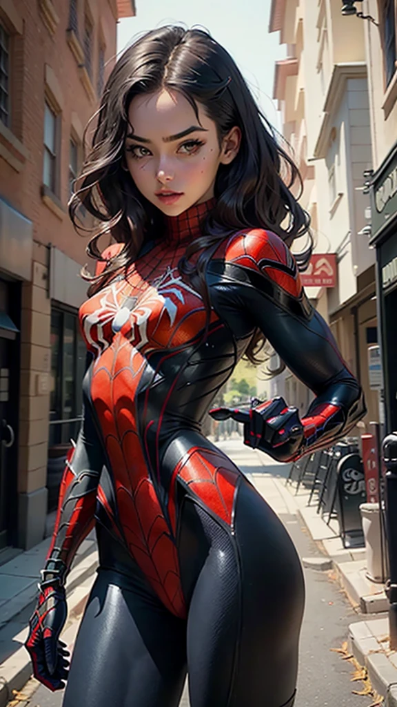 Beautiful woman detailed defined body using spider man cosplay, small breasts