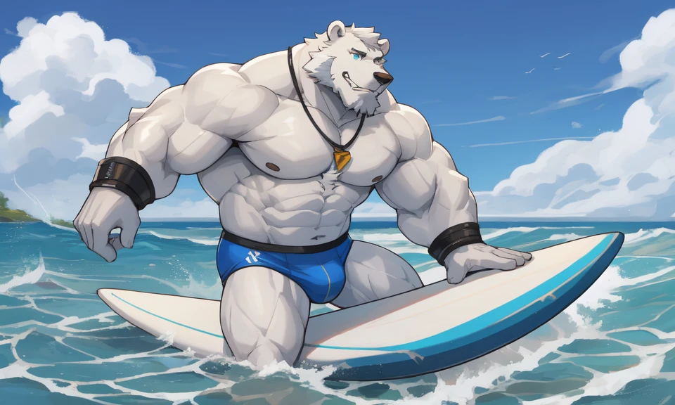 solo, 1boy, Huge Muscular White Polar Bear Dad Dude, huge white fur, pectoral, huge pectoral, wide pectoral, short white hair, blue-colored competitive briefs, black wristbands and shirtless topless, bearded, white Mustache, white fur, tooth necklace, professional surfer, surf board, background, masterpiece, high detailed, 8k, high resolution, at the ocean, surfing the waves, riding the surfboard, gliding on the surfboard, being totally radical, surf's up dudes