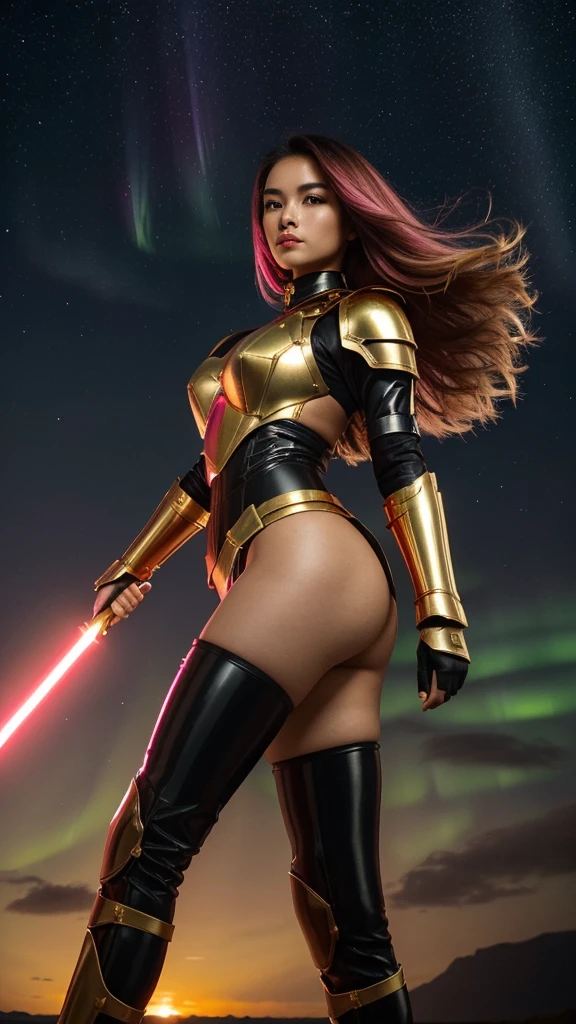 ((best quality)), ((masterpiece)), (ultra detailed), full body shot, indonesian girl, extremely beautiful, ultra face details, 20 years old, green curvy-hair, ((hair blown by strong winds :1.3)), Award-winning photograph, photography of a  girl, slim face, extremely beautiful, ultra details armor, ultra details skin, sharp armor texture, crisp picture, ((full make ups)), ((pink blushing)), ((red lips)), ((wearing tight steel-armor)), ((full body armor)), ((tight latex panty)), ((thighs armor)), ((slim body shape)), (((24k-gold) and black armor)), no head cover, ((symmetrical body pose)), model posing in the middle, model holding a light saber in one hand, epic backlights, night at beach, full of stars, orange clouds, nebula, ((aurora Borealis)), shooting stars, from below