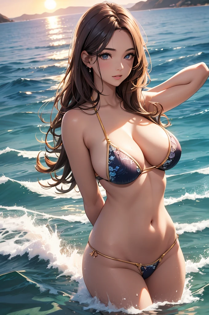 ultrarealistic, sexy, perfect body, woman in the sea, big breasts, at sunrise, happy, dressed like aphrodite