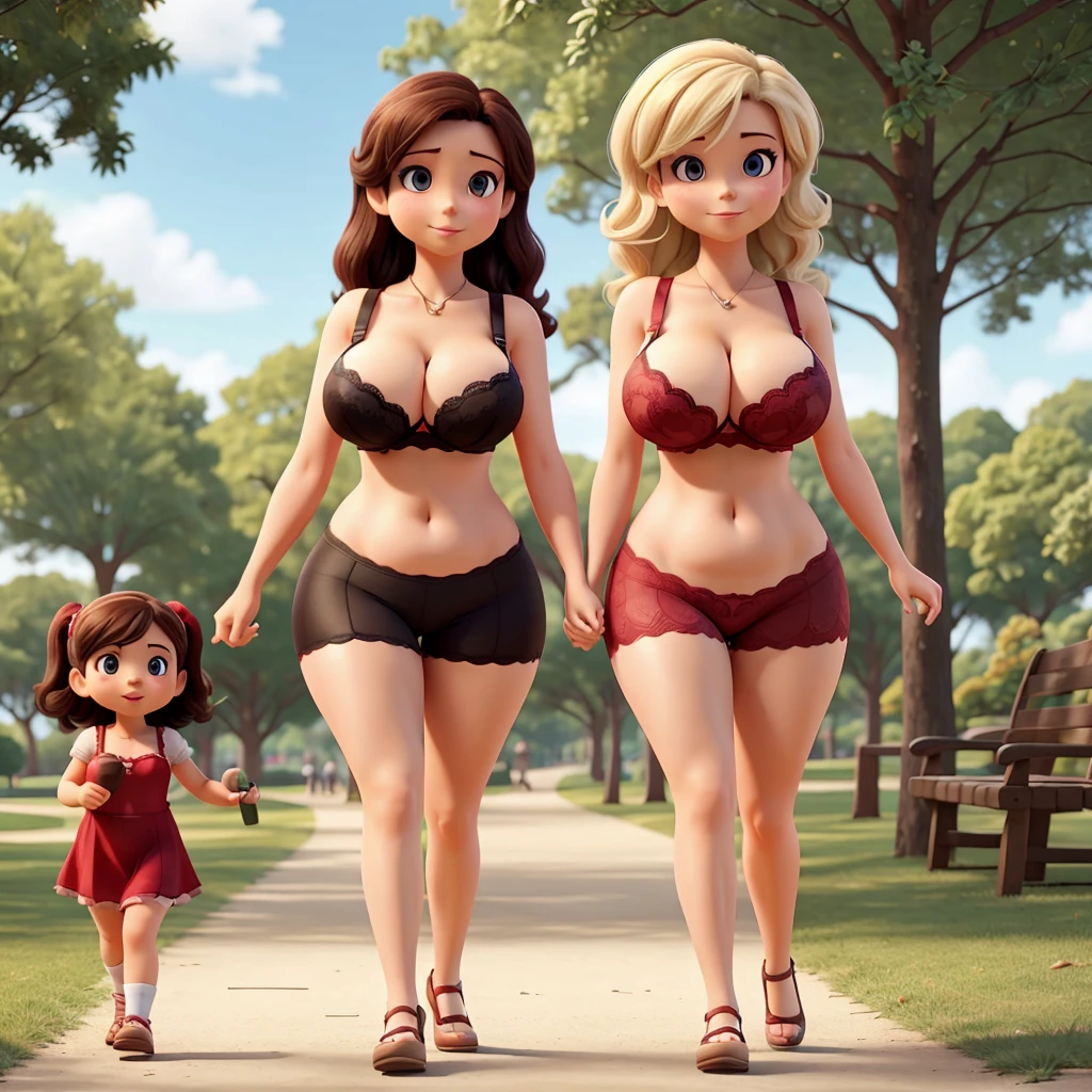 Mother and daughter with huge breasts in sexy bras walking in the park