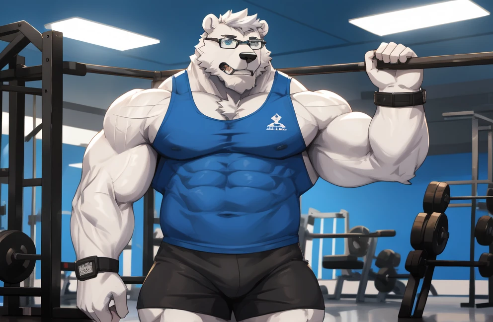 solo, 1boy, Huge Muscular White Polar Bear wearing glasses, huge white fur, pectoral, huge pectoral, wide pectoral, short white hair, blue colored short pants, blue colored wristbands and blue colored tank top, white bearded, white Mustache, white fur, gym background, masterpiece, high detailed, 8k, high resolution, at the gym, bending and stretching out body, growling and grunting