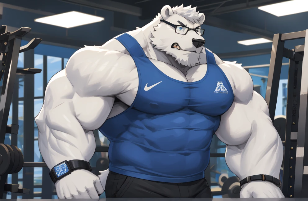 solo, 1boy, Huge Muscular White Polar Bear wearing glasses, huge white fur, pectoral, huge pectoral, wide pectoral, short white hair, blue colored short pants, blue colored wristbands and blue colored tank top, white bearded, white Mustache, white fur, gym background, masterpiece, high detailed, 8k, high resolution, at the gym, bending and stretching out body, growling and grunting