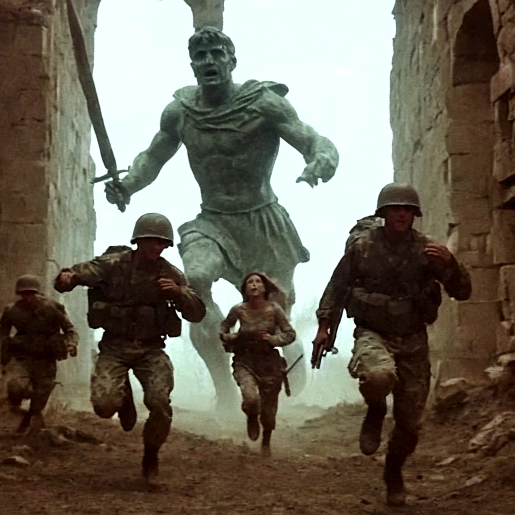 black and white grainy old 35mm, vintage footage, frightened USA-army soldiers wearing camo running from two giant-spartan soldiers among ancient ruins