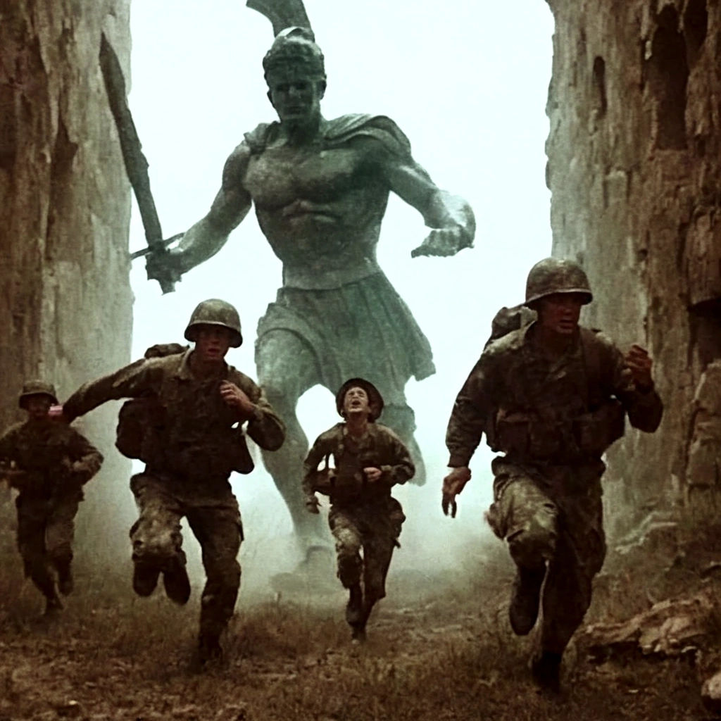 black and white grainy old 35mm, vintage footage, frightened USA-army soldiers wearing camo running from two giant-spartan soldiers among ancient ruins
