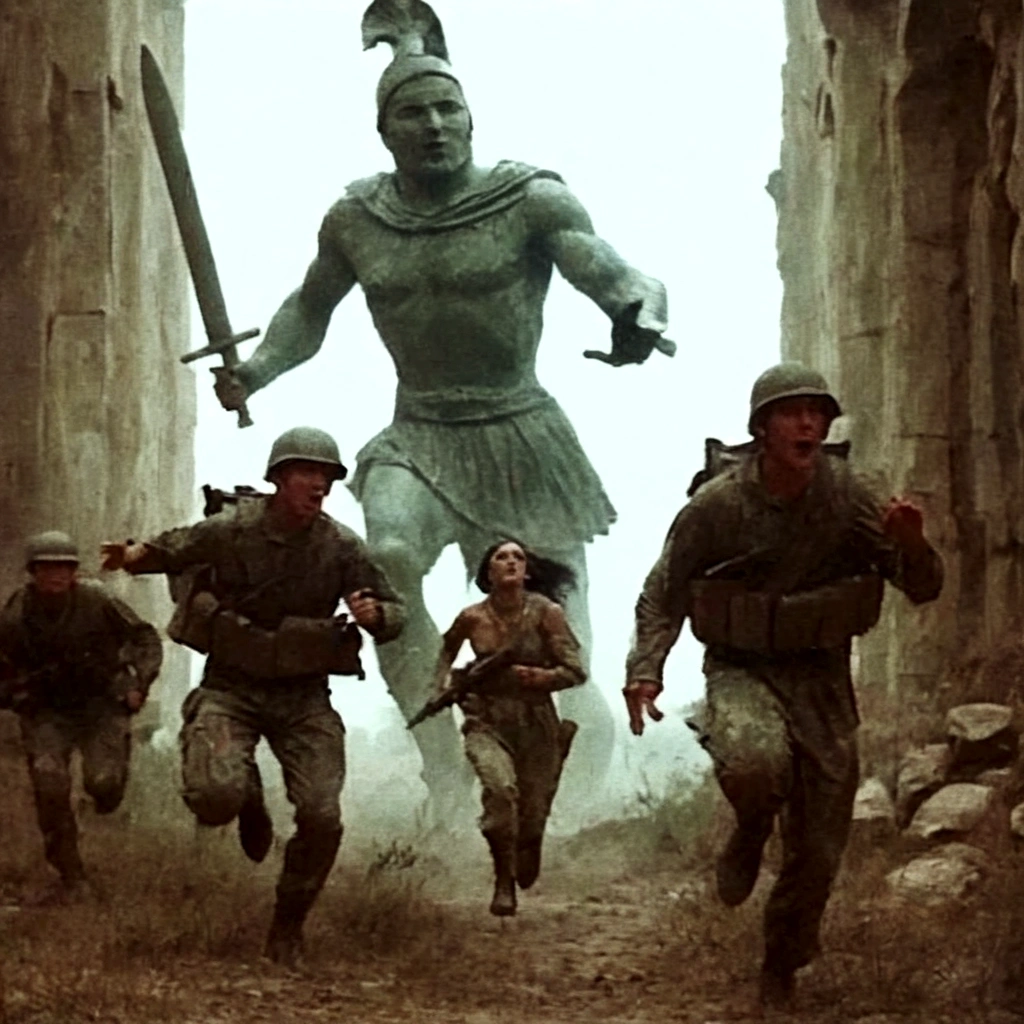 black and white grainy old 35mm, vintage footage, frightened USA-army soldiers wearing camo running from two giant-spartan soldiers among ancient ruins
