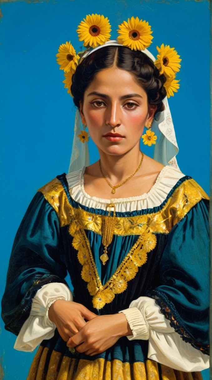 The portrait of a beautiful poorly dressed woman, as a 19th century Mexican peasant, with a blue background and golden earth and flying flowers, all in the style of Giovanni Bellini&#39;s painting and an oil painting on panel.