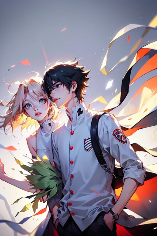 , a tall, messy black-haired man wearing a , is a student, with his hands in his pockets. , a thin woman with long blonde hair, green eyes, cheerleader. best quality, adorable, ultra-detailed, illustration, complex, detailed, extremely detailed, detailed face, soft light, soft focus, perfect face. In love, illustration. two people, couple,